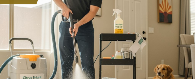 Citrus Bright technician using eco-friendly carpet cleaning chemicals in a Gilbert AZ home — safe for kids and pets, satisfaction guaranteed, call Mike Ranahan today.