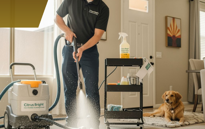 Citrus Bright technician using eco-friendly carpet cleaning chemicals in a Gilbert AZ home — safe for kids and pets, satisfaction guaranteed, call Mike Ranahan today.