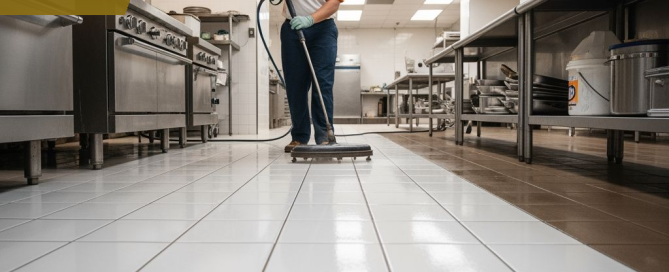 A professional Citrus Bright technician deep cleans large ceramic tile floors inside a commercial restaurant kitchen using specialized tile and grout cleaning equipment. The bright, restored tile surface and clean grout lines highlight a sanitary, professional environment for food service facilities.