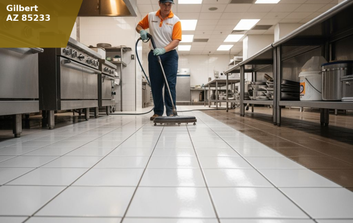 A professional Citrus Bright technician deep cleans large ceramic tile floors inside a commercial restaurant kitchen using specialized tile and grout cleaning equipment. The bright, restored tile surface and clean grout lines highlight a sanitary, professional environment for food service facilities.