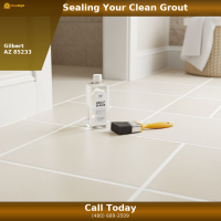 Close-up of freshly cleaned and sealed grout lines on white ceramic tile floor in Gilbert AZ home