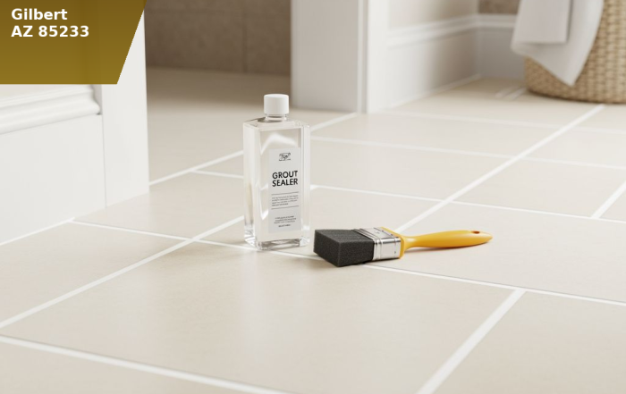 Close-up of freshly cleaned and sealed grout lines on white ceramic tile floor in Gilbert AZ home
