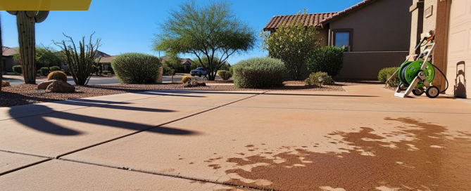 Concrete driveway in Gilbert AZ with monsoon haboob dust staining before pressure washing