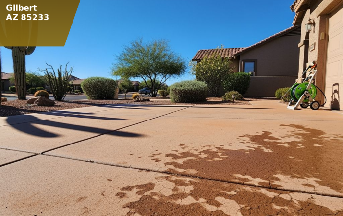Concrete driveway in Gilbert AZ with monsoon haboob dust staining before pressure washing