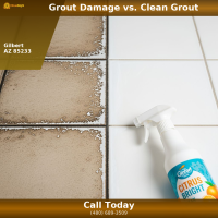 Close-up comparison of hard water stained tile grout versus clean restored grout in a Gilbert AZ home