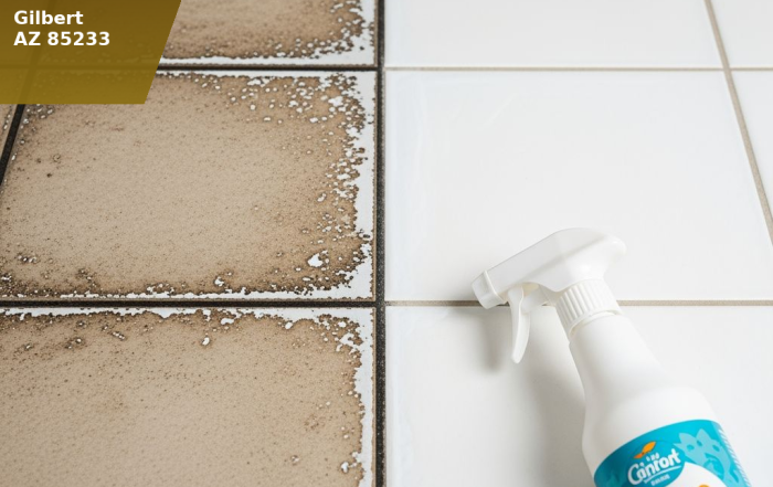Close-up comparison of hard water stained tile grout versus clean restored grout in a Gilbert AZ home