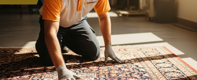 Citrus Bright technician performing pre-cleaning inspection on an oriental area rug in Gilbert AZ