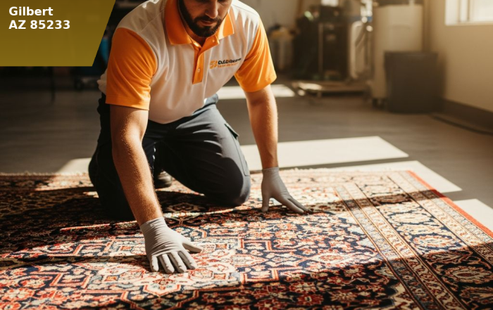 Citrus Bright technician performing pre-cleaning inspection on an oriental area rug in Gilbert AZ