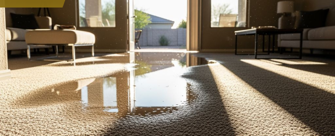 Truck-mounted extraction wand removing water from saturated carpet backing in East Valley Arizona home