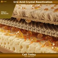 Cross-section of carpet layers showing uric acid crystal deposits from pet urine in fiber, backing, and padding