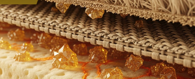Cross-section of carpet layers showing uric acid crystal deposits from pet urine in fiber, backing, and padding