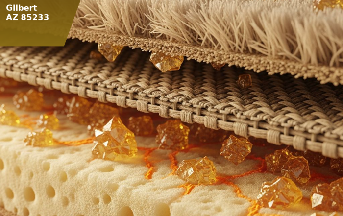 Cross-section of carpet layers showing uric acid crystal deposits from pet urine in fiber, backing, and padding