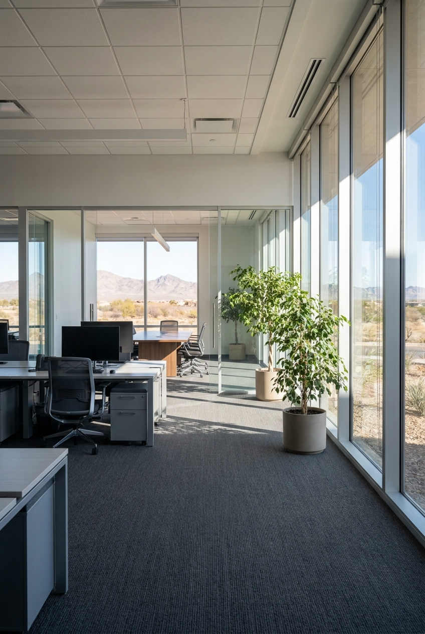 Commercial carpet cleaning technician cleaning an office carpet in Arizona