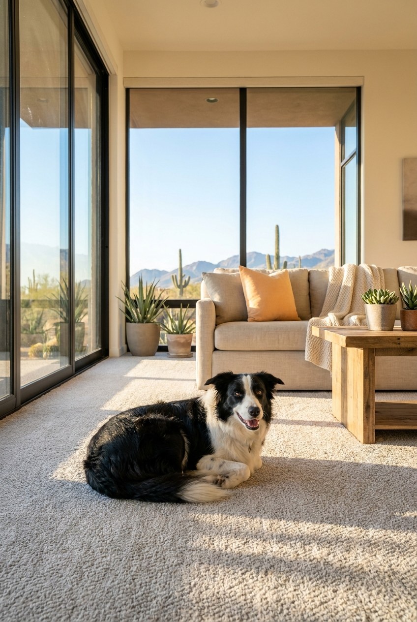 Dog resting on a freshly cleaned carpet in a bright Gilbert AZ living room by Citrus Bright