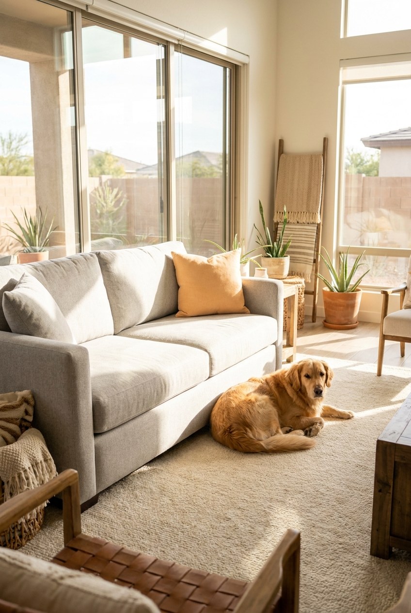Freshly cleaned fabric sofa with a dog resting nearby in a bright Gilbert AZ living room by Citrus Bright