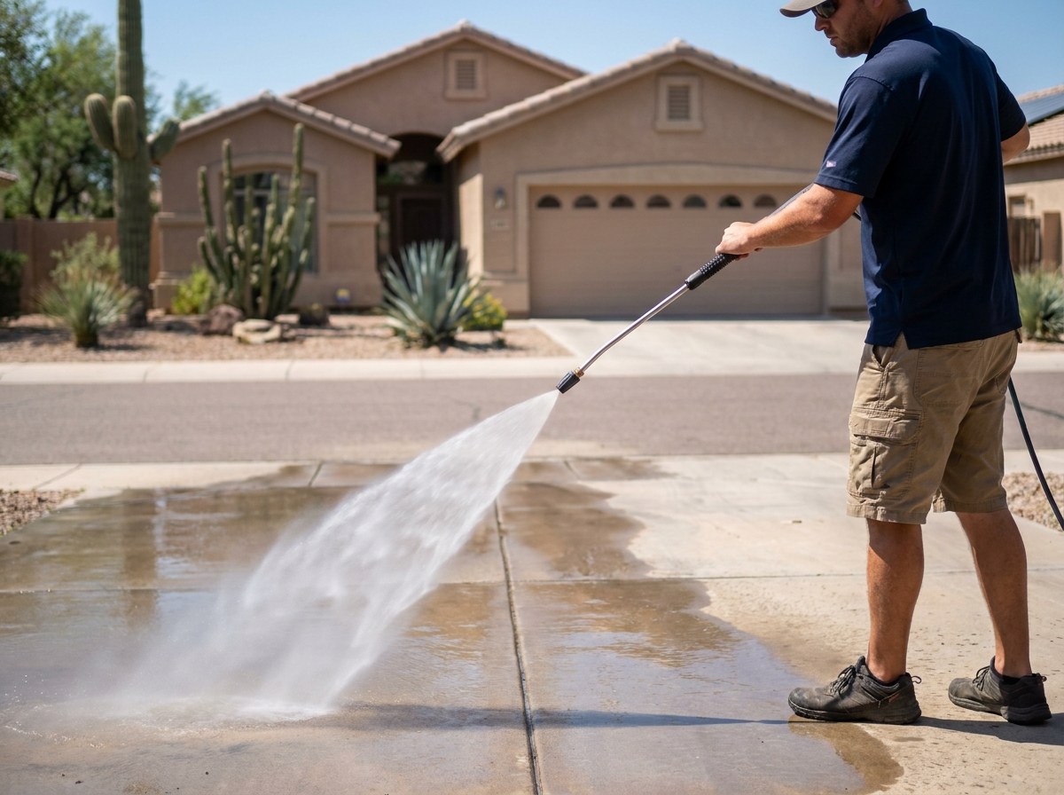Citrus Bright technician pressure washing a residential driveway in front of an Arizona home